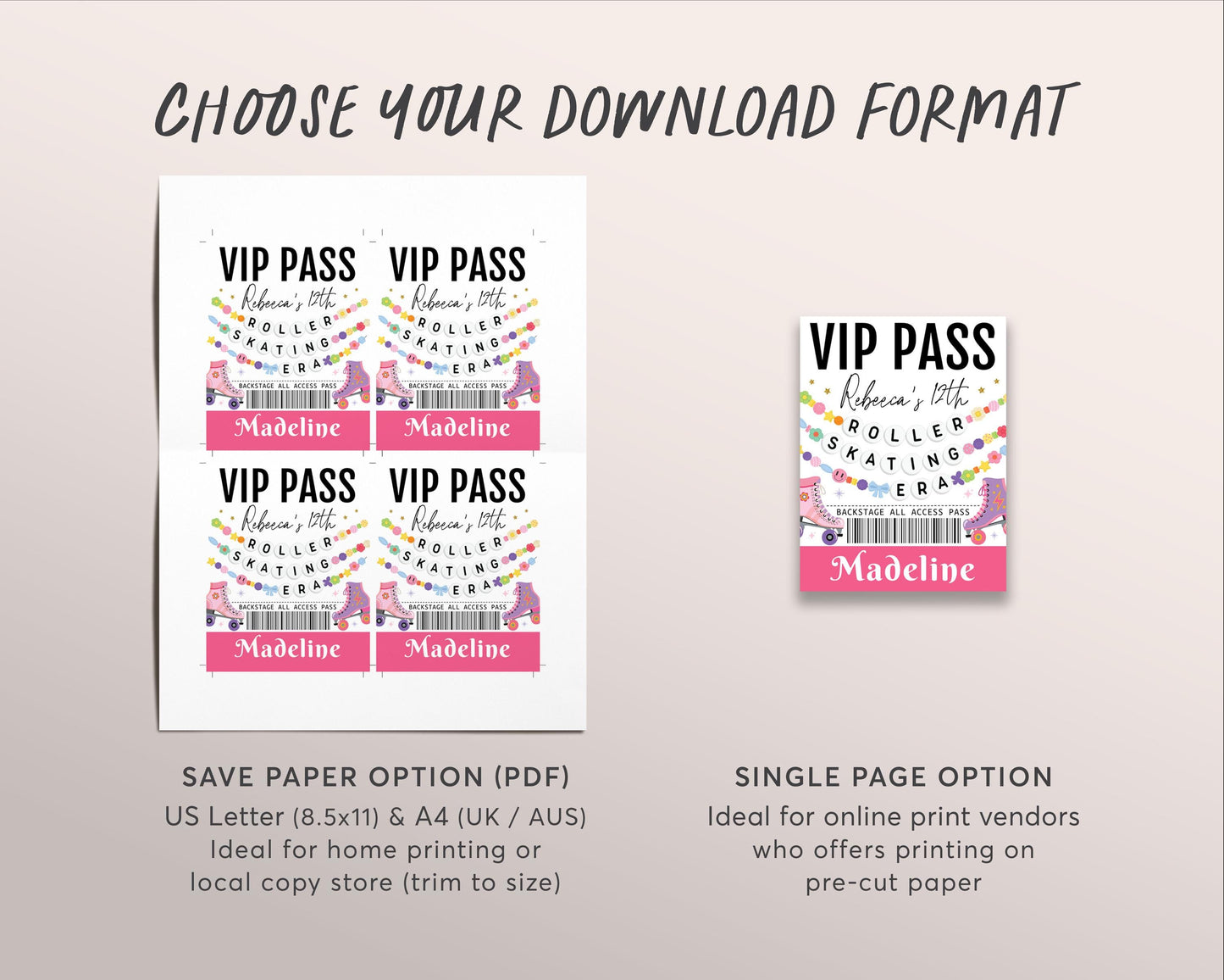 Roller Skating Era VIP Pass Editable Template, Skating Rink Friendship Bracelet Party VIP Badge, Eras Retro Skater VIP Insert for Lanyard