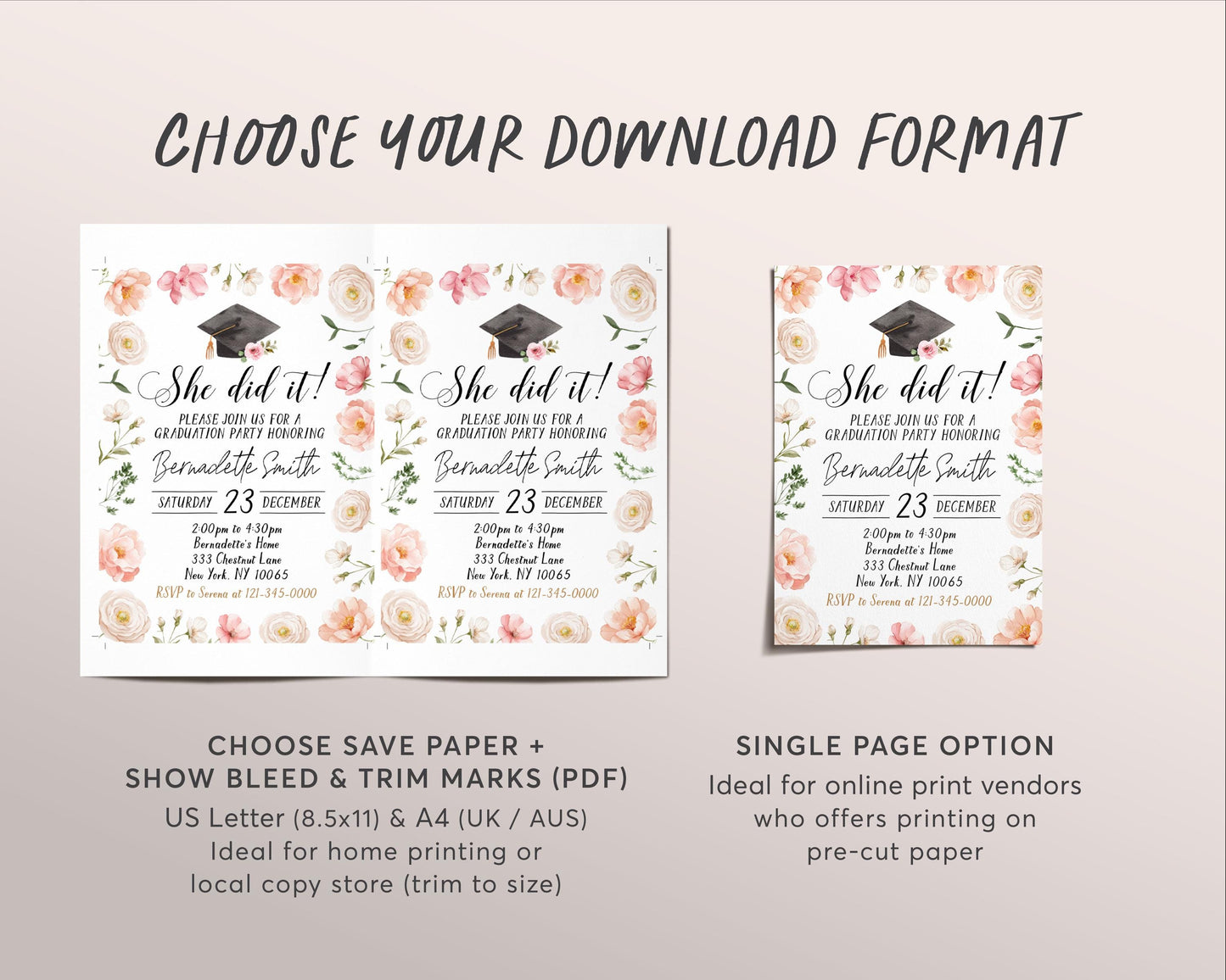 Graduation Floral Invitation Editable Template, She Did It Graduation Announcement Party Invite for Her, Grad College High School Evite