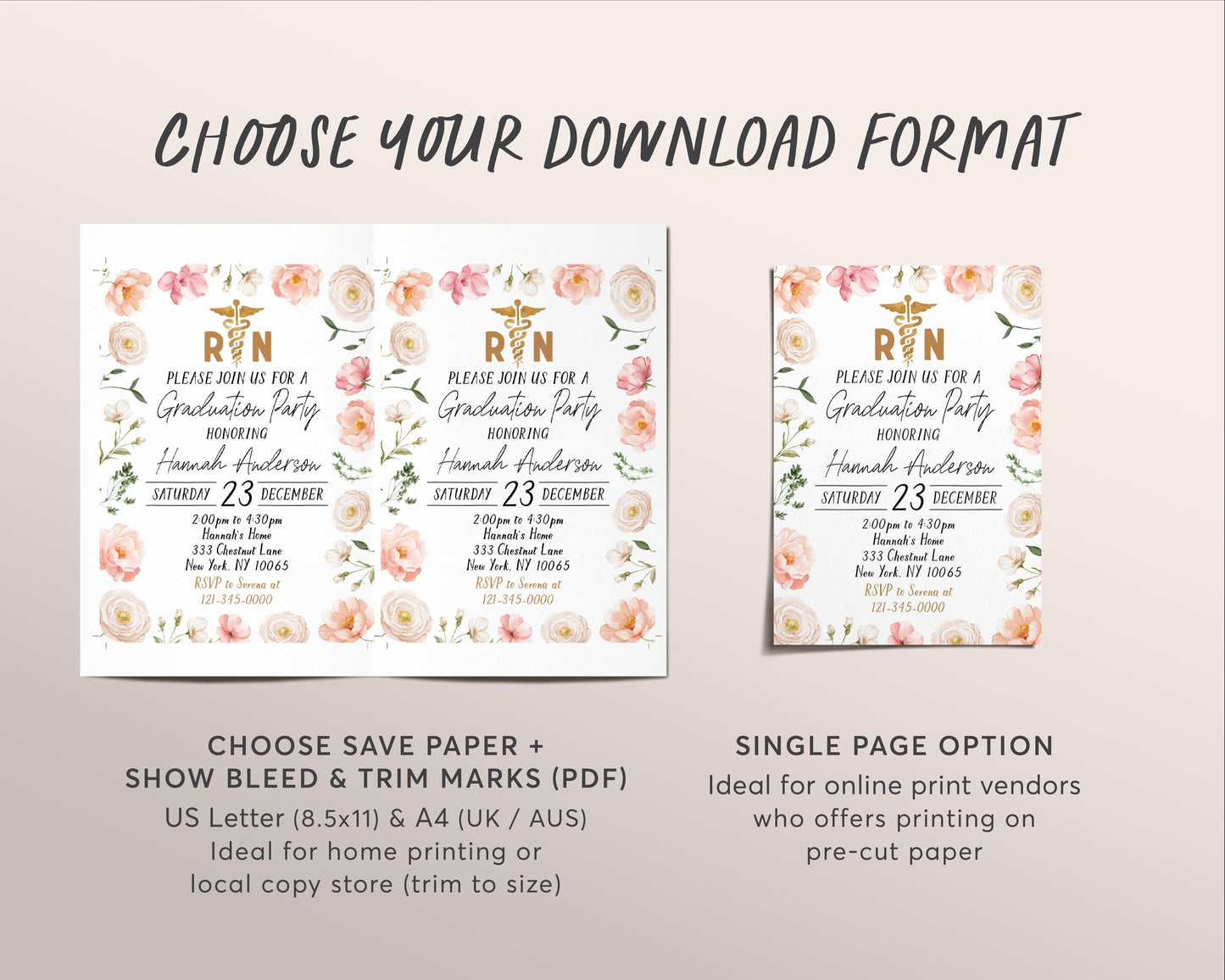 Nursing School Graduation Invitation Editable Template, Floral Nurse RN Grad Announcement Party Invite, Registered Nurse Pinning Ceremony