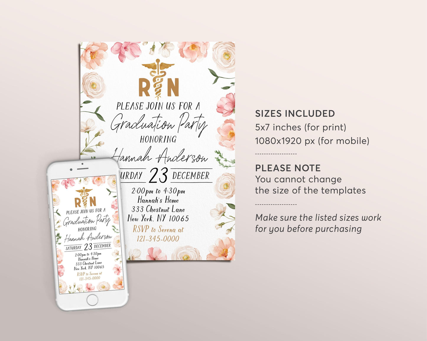 Nursing School Graduation Invitation Editable Template, Floral Nurse RN Grad Announcement Party Invite, Registered Nurse Pinning Ceremony