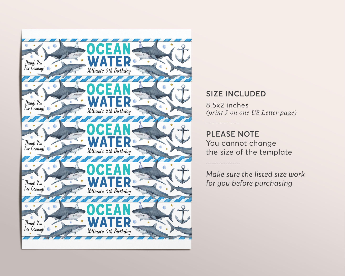 Shark Water Bottle Labels Editable Template, Boy Ocean Water Jawsome Shark Attack Birthday Party Drink Wrapper Tags, Shark Water Bottle Wrap