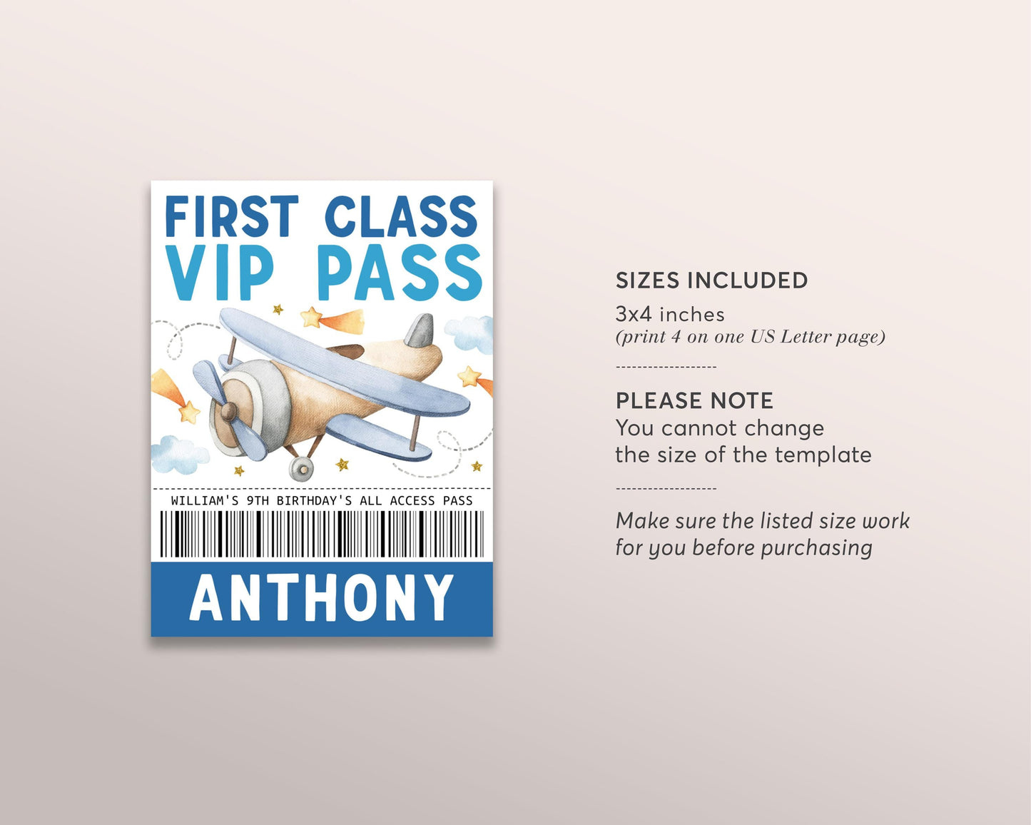 Airplane Birthday VIP Pass Editable Template, Boy Aviation Plane Party All Access Pass, Flight Crew Guest Name Tag Insert ID Badge Lanyard
