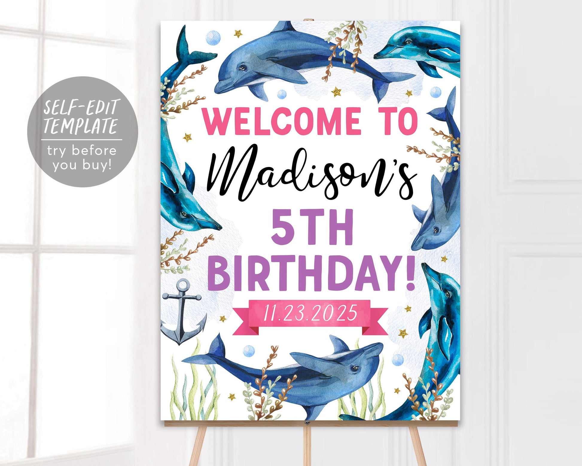 Dolphin Birthday Welcome Sign Editable Template