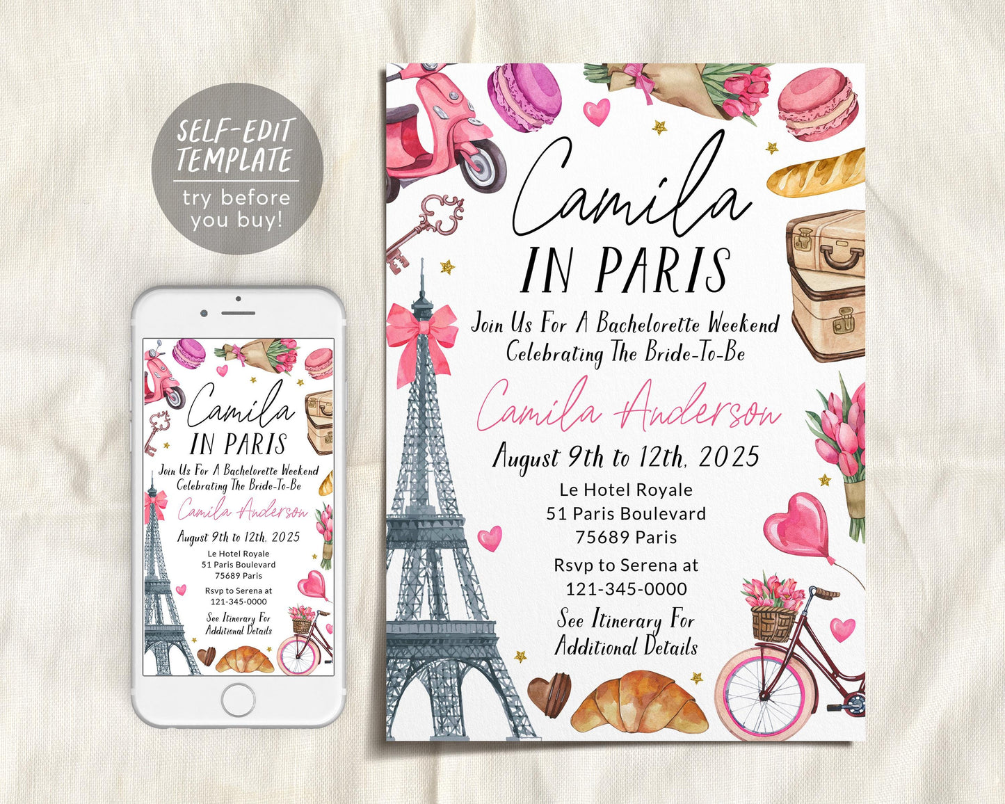 Paris Bachelorette Itinerary And Invitation Editable Template, Paris Travel Planner Invite France Girls Night Out Weekend Schedule Hen Party