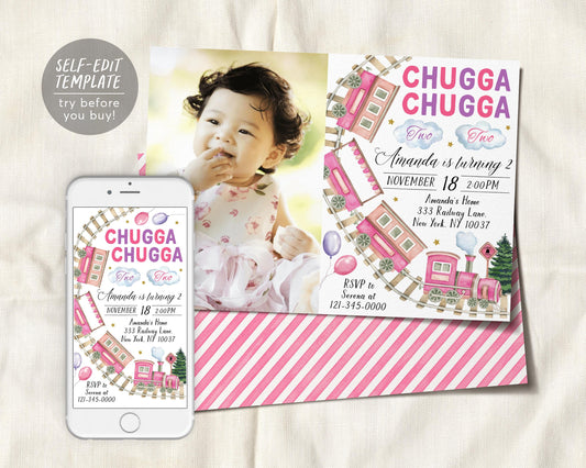 Chugga Two Train Birthday Invitation With Photo Editable Template