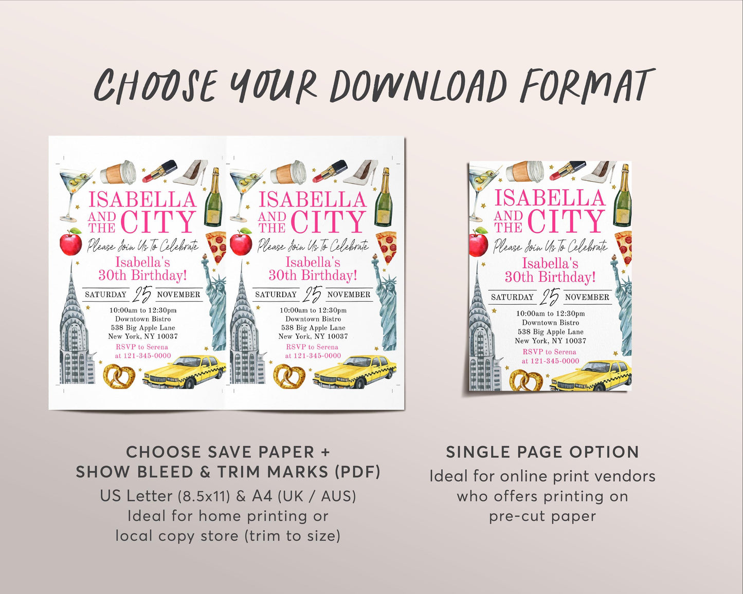 New York City Birthday Invitation Editable Template, And The City NYC Party Invite, Big Apple Adult Girls Night Out 30th Birthday Evite