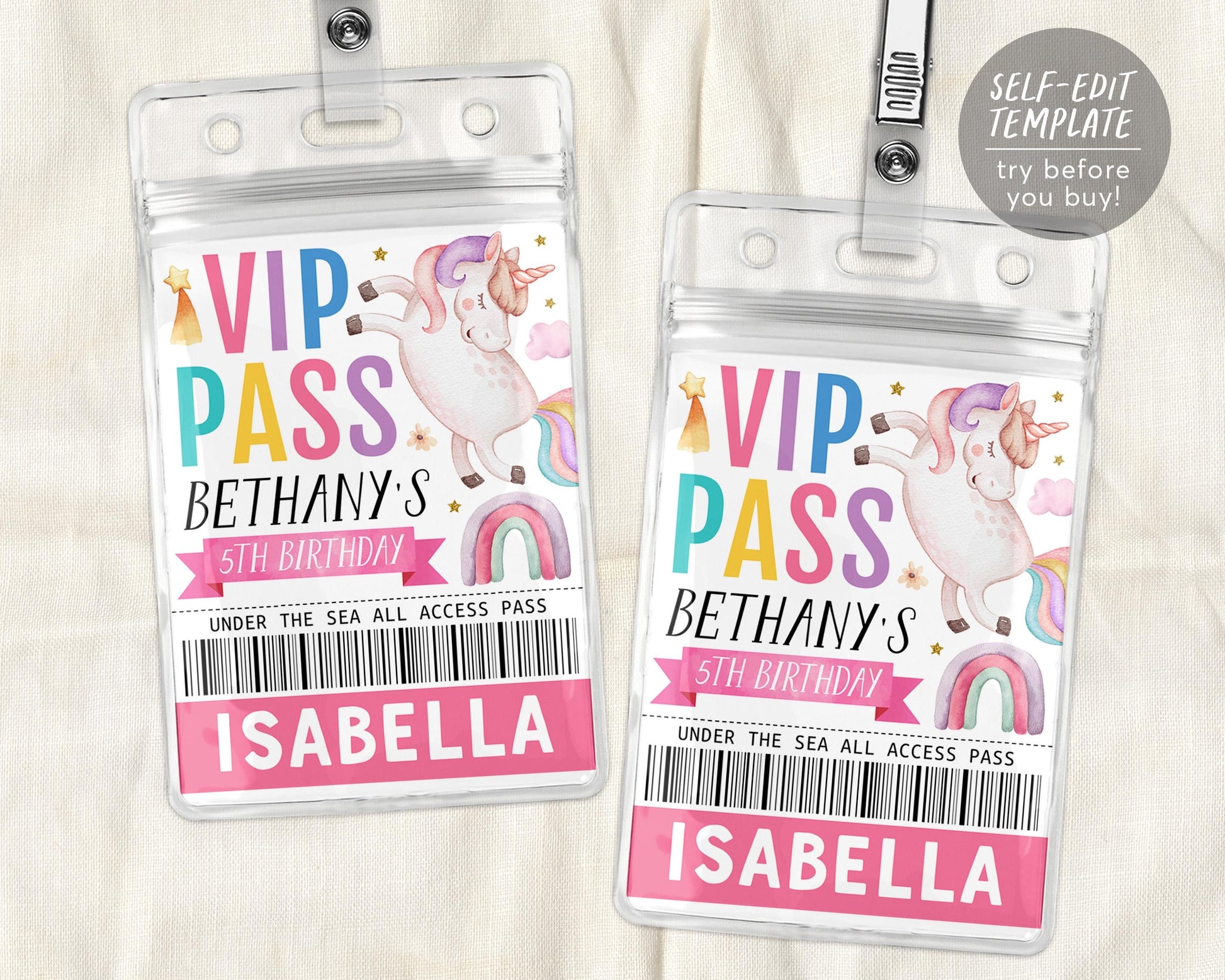 Unicorn Birthday VIP Pass Editable Template