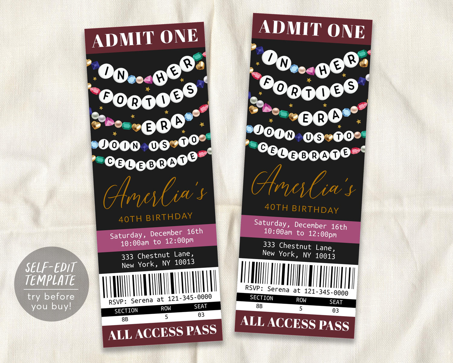 In My Forties Era Ticket Invitation Editable Template