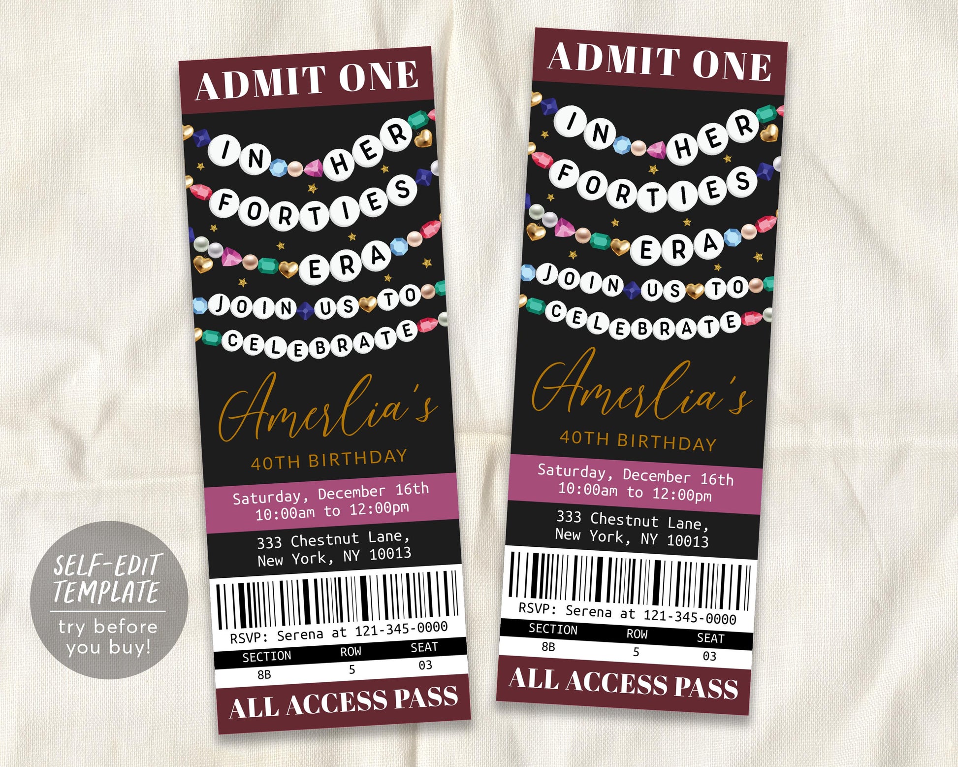 In My Forties Era Ticket Invitation Editable Template