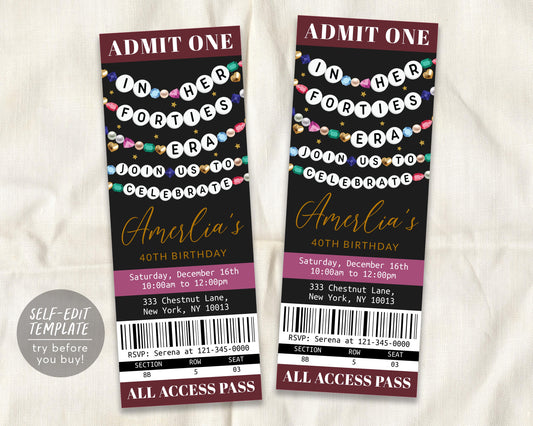 In My Forties Era Ticket Invitation Editable Template