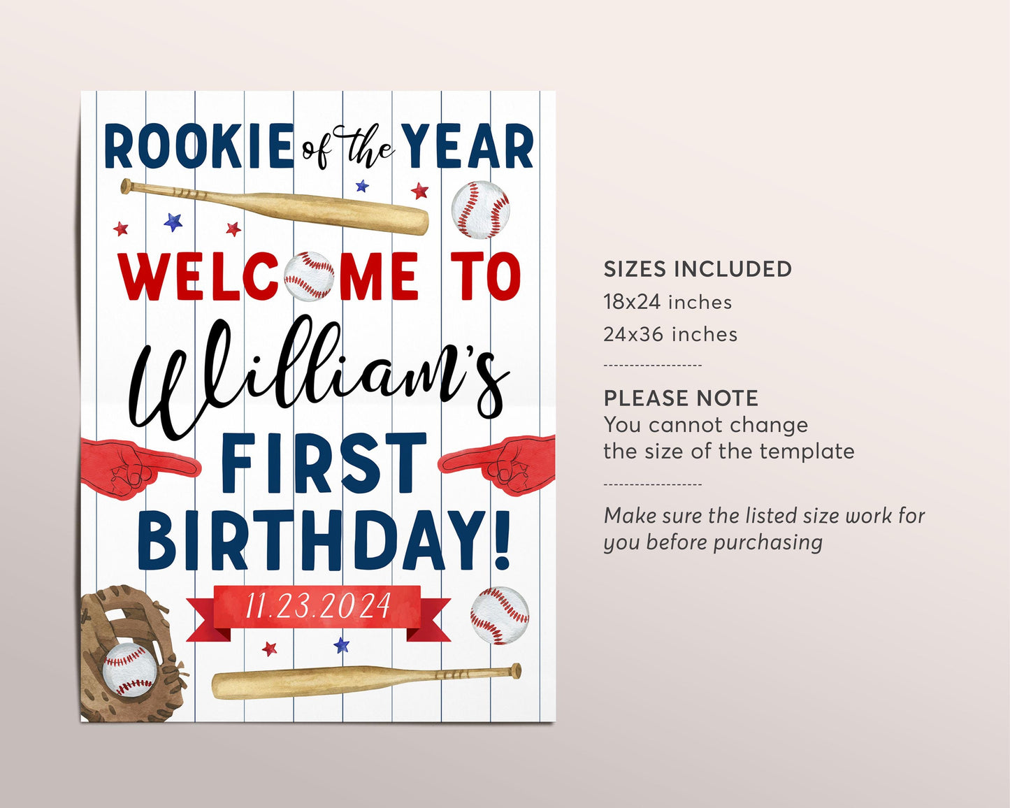 Baseball Birthday Welcome Sign Editable Template, Rookie Of The Year First Birthday Poster, Baseball Sports It's Game Time All Star Poster