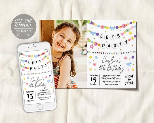 Friendship Bracelet Birthday Invitation With Photo Editable Template