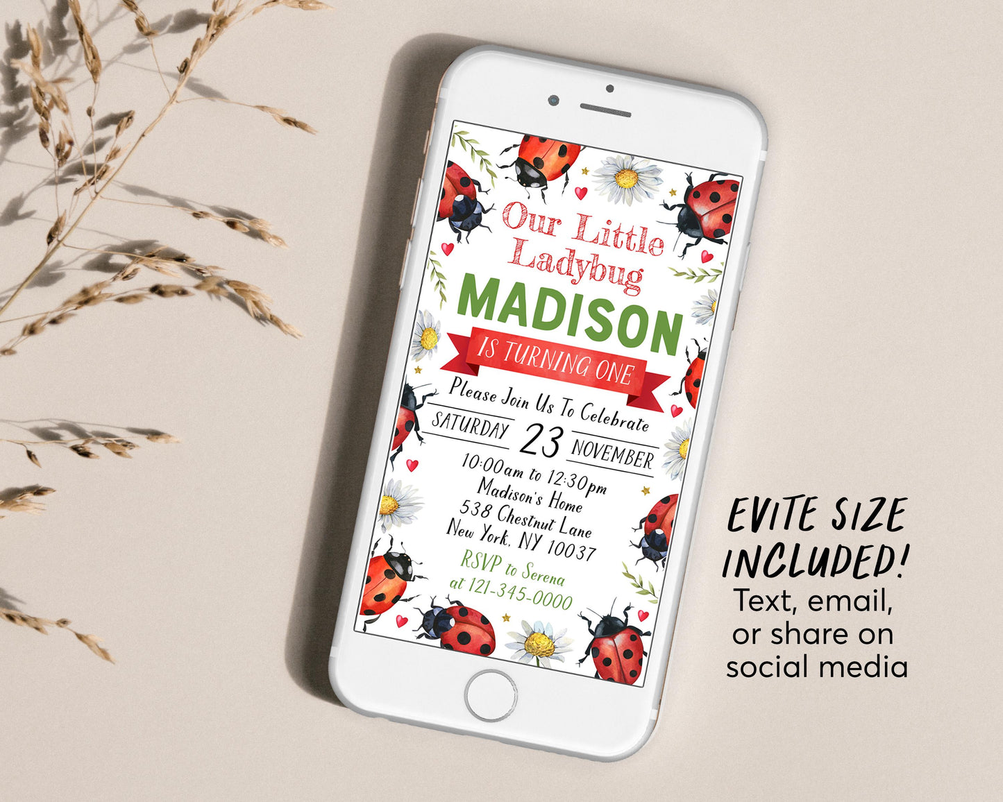 Ladybug Birthday Invitation Editable Template, Girl Our Little Lady Party Invite, Kids Love Bug Hunt Garden Nature Theme Lady Bug Evite
