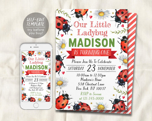 Ladybug Birthday Invitation Editable Template