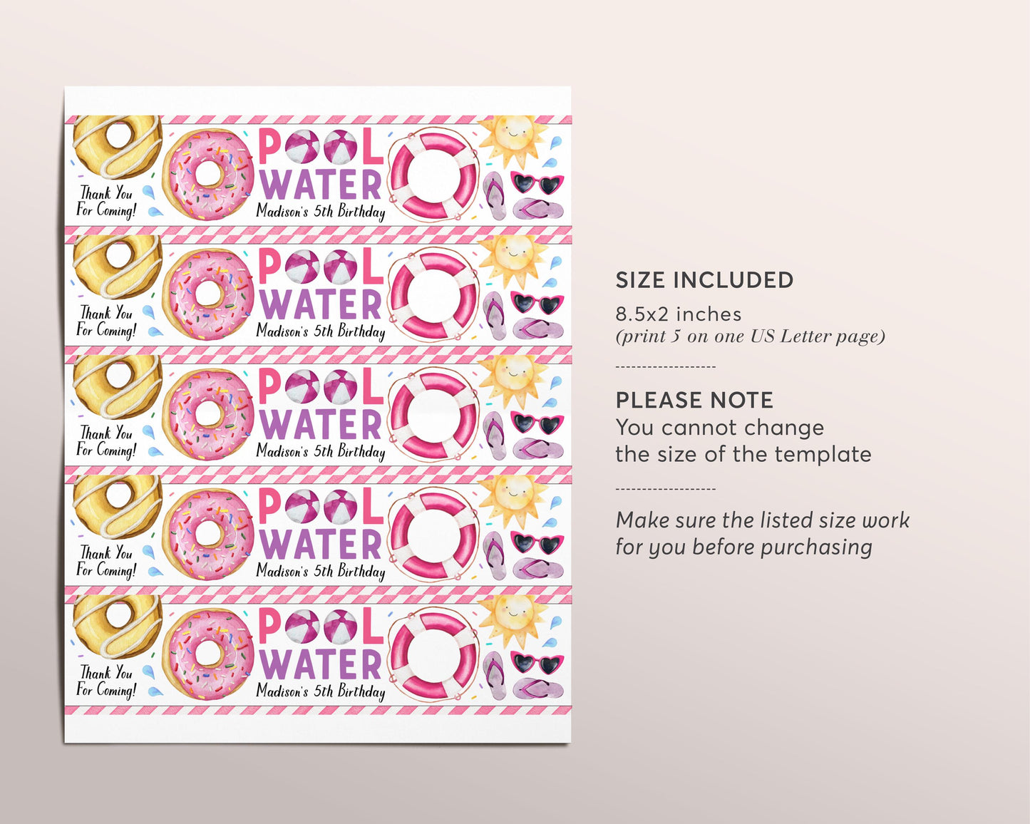 Donut Pool Party Water Bottle Labels Editable Template, Girl Pool Water Dunk and Donuts Swimming Birthday Party Bottle Wrapper Drink Tags