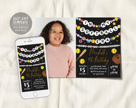 In My Softball Era Birthday Invitation With Photo Editable Template