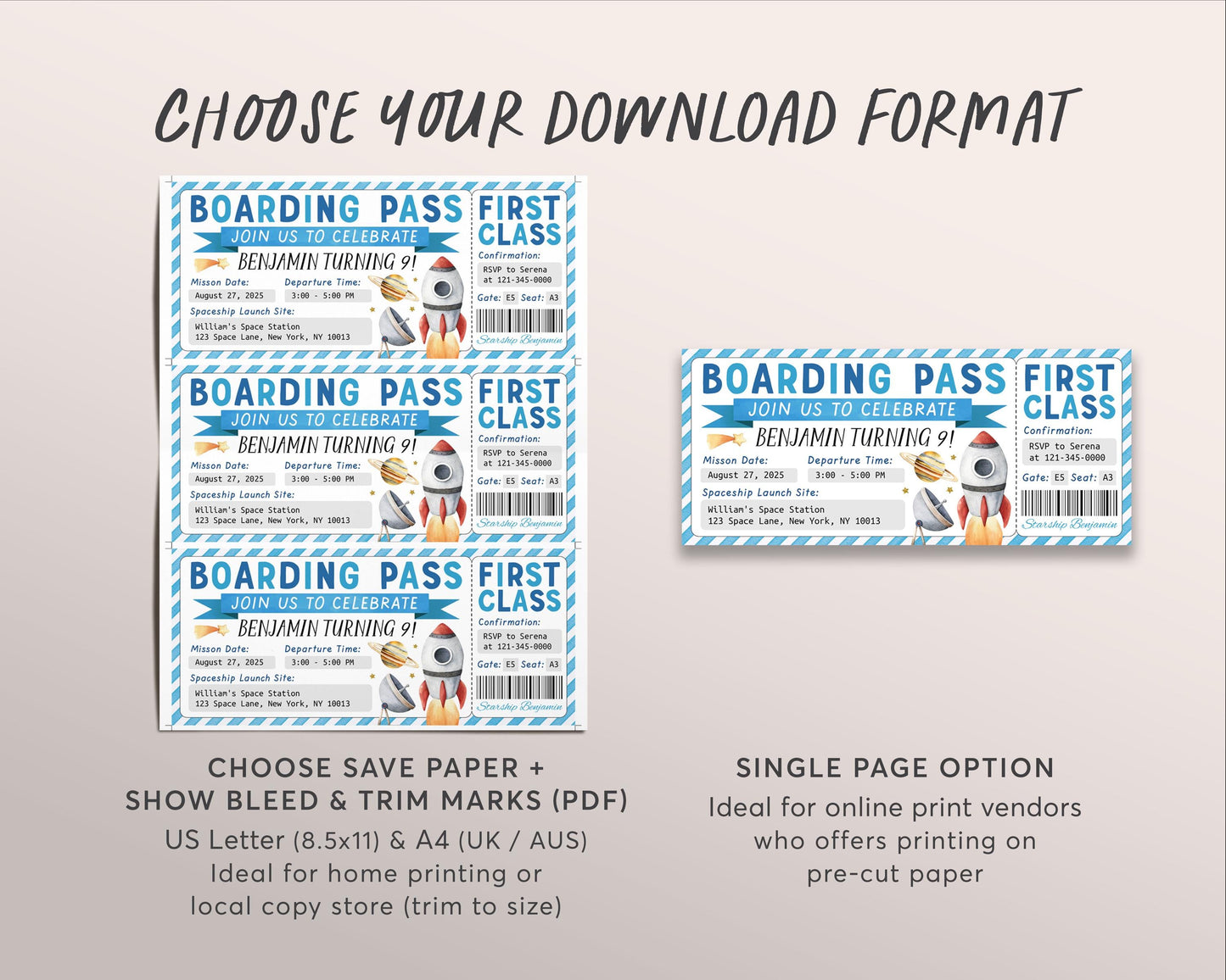 Space Birthday Ticket Invitation Editable Template, Outer Space Rocket Boarding Pass Party Invite, Spaceship First Class Travel Flight Evite