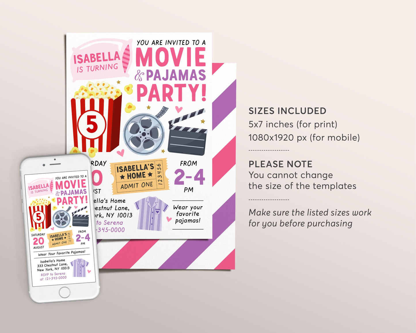 Movie and Pajamas Party Birthday Invitation Editable Template, Girl Movie PJs Slumber Party Popcorn Invite, Sleepover Movie Ticket Evite