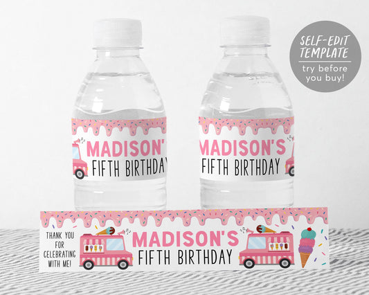Ice Cream Truck Water Bottle Labels Editable Template