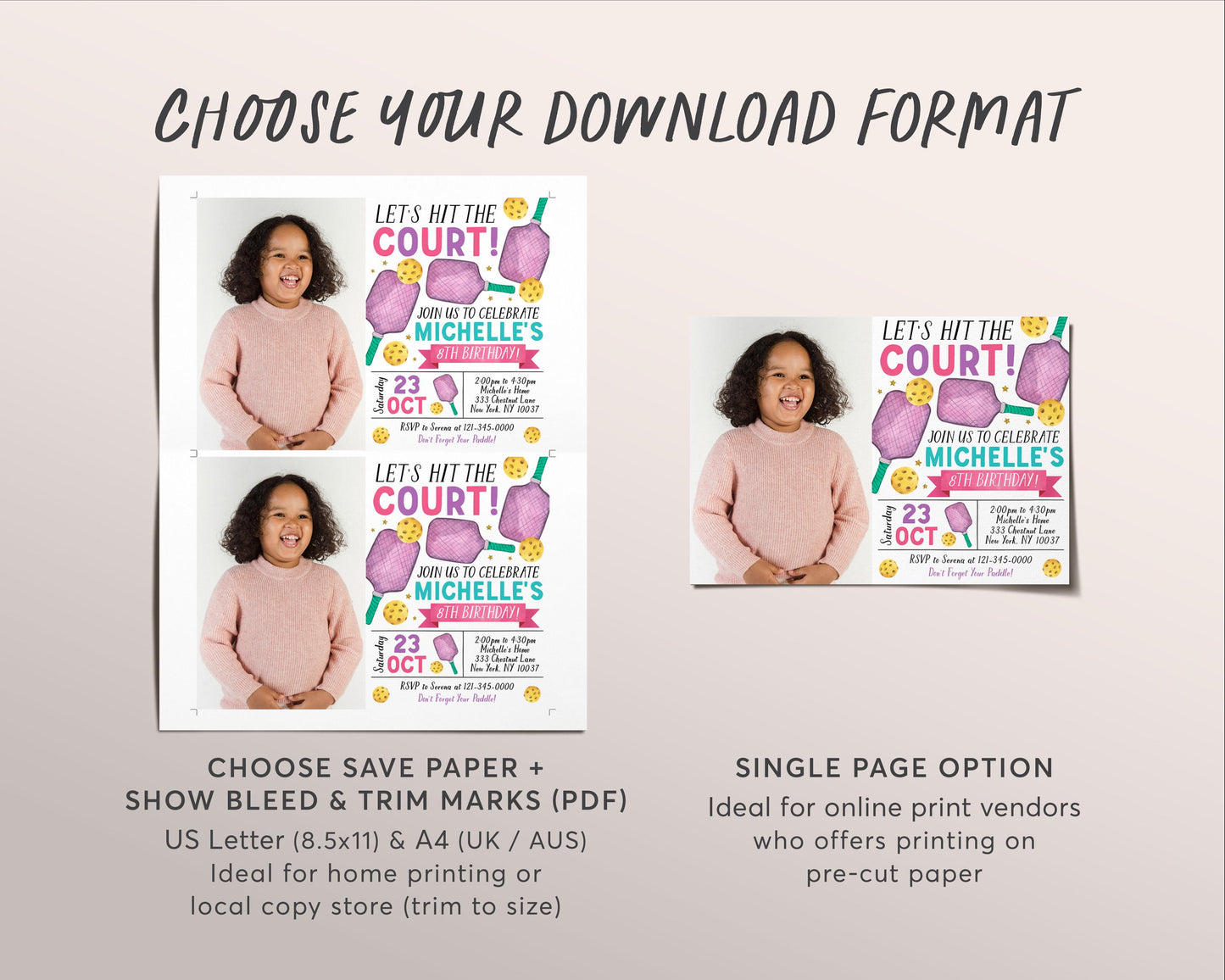 Pickleball Birthday Invitation With Photo Editable Template, Girl Lets Hit the Court Theme Party Invite, Sports Pickleball Theme Evite