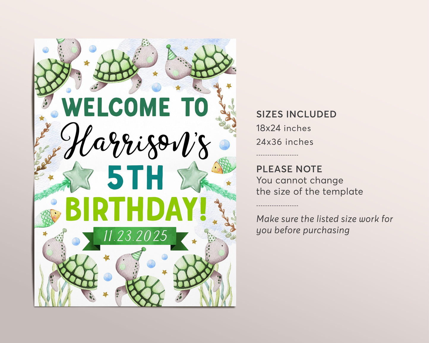 Turtle Birthday Welcome Sign Editable Template, Sea Turtle Turtley Fintastic Birthday Party Poster, Under the Sea Turtle Party Ocean Decor