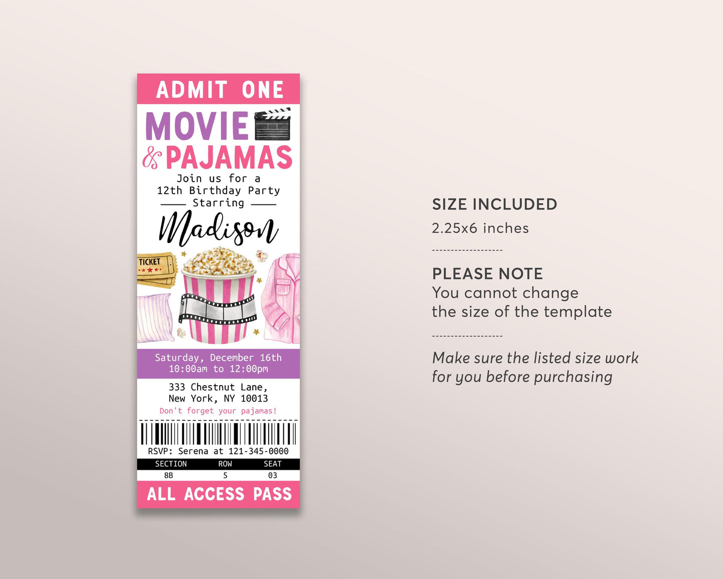 Movie and Pajamas Birthday Ticket Invitation Editable Template, Girl Kids Slumber Party Popcorn Cinema Movie Ticket Stub Party Invite Evite