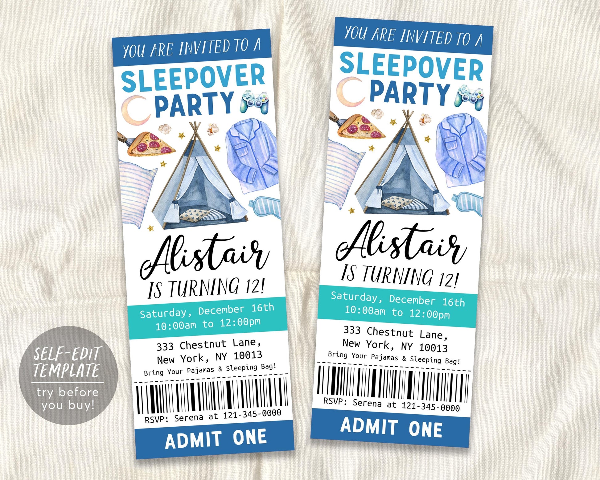 Sleepover Birthday Ticket Invitation Editable Template