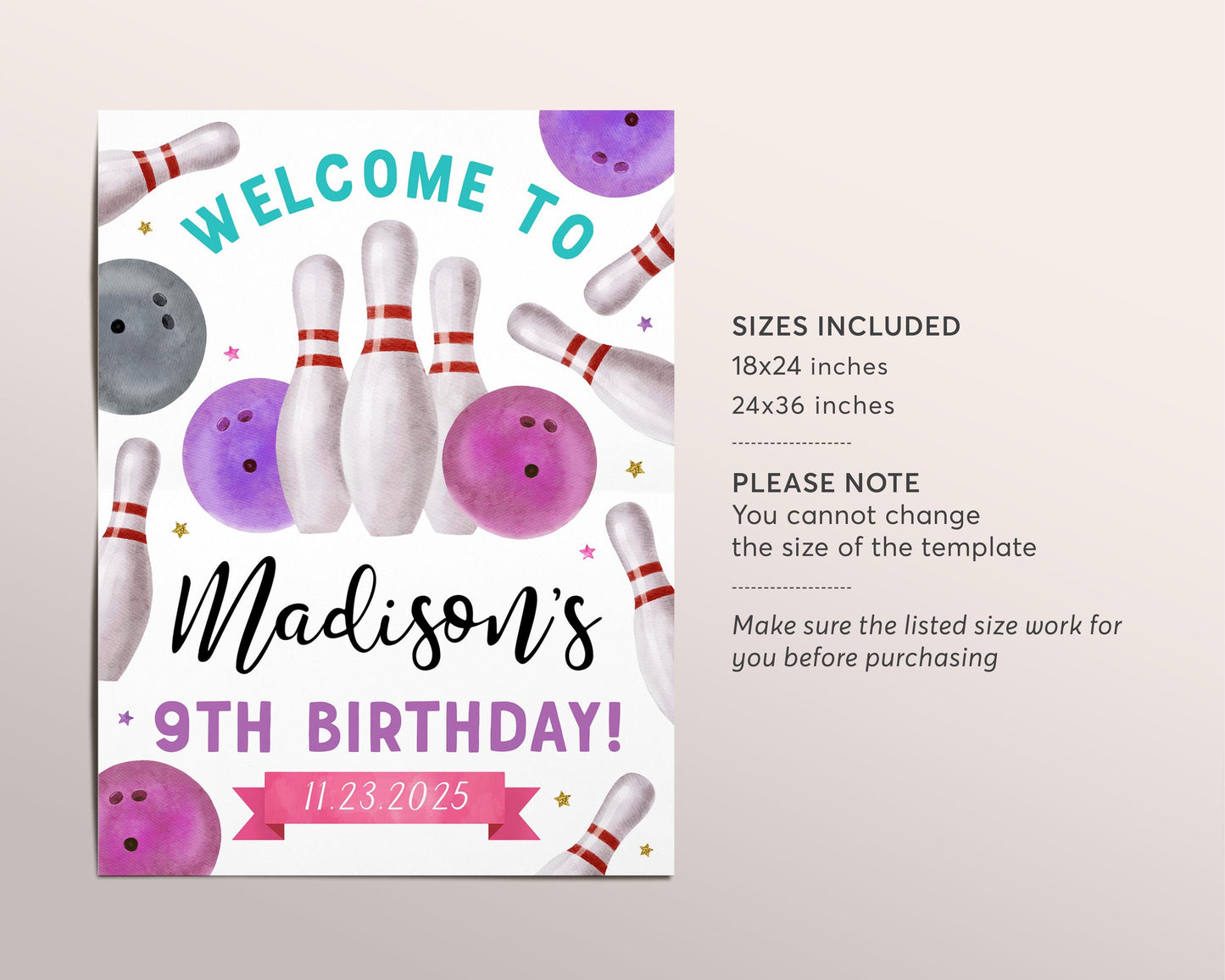 Bowling Birthday Welcome Sign Editable Template, Girl Strike Up Some Fun Bowling Alley Party Poster, Kids Sports Bowling Ball Pin Banner