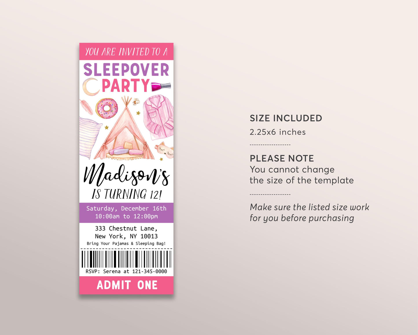 Sleepover Birthday Ticket Invitation Editable Template, Girl Slumber Party Evite, Kids Girl Tween Teen Pajamas Pamper Spa Day Evite Ticket