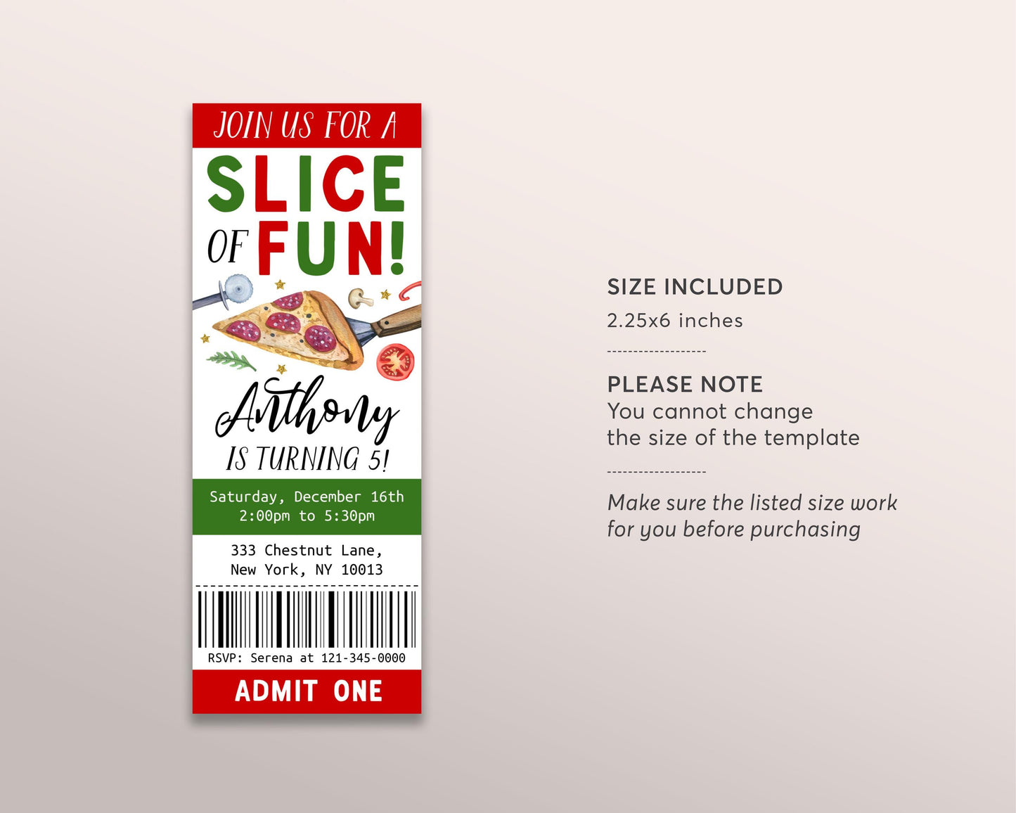 Pizza Birthday Ticket Invitation Editable Template, Kids Pizza Party Invite, Gender Neutral Pizza Making Evite, Pink Slice Of Fun Pizzeria