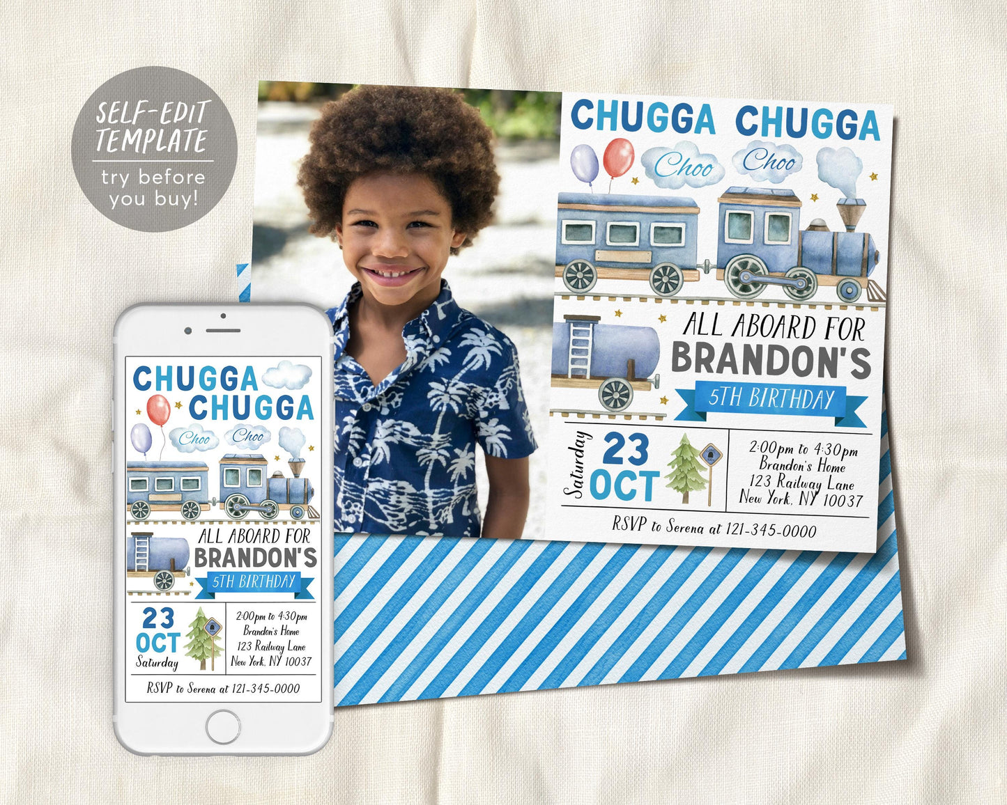 Train Birthday Invitation With Photo Editable Template