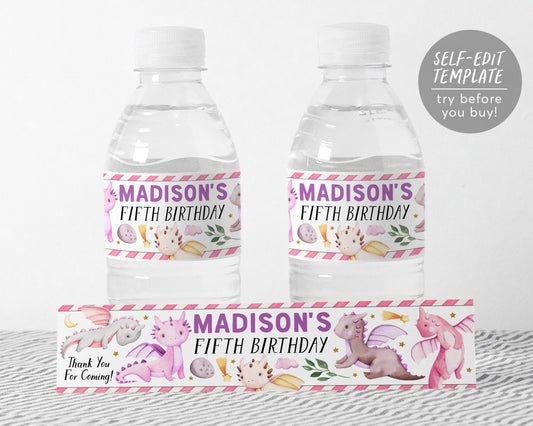 Dragon Birthday Water Bottle Labels Editable Template