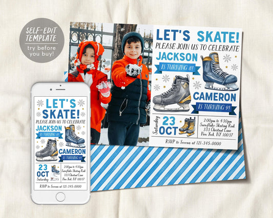 Ice Skating Joint Siblings Birthday Invitation With Photo Editable Template