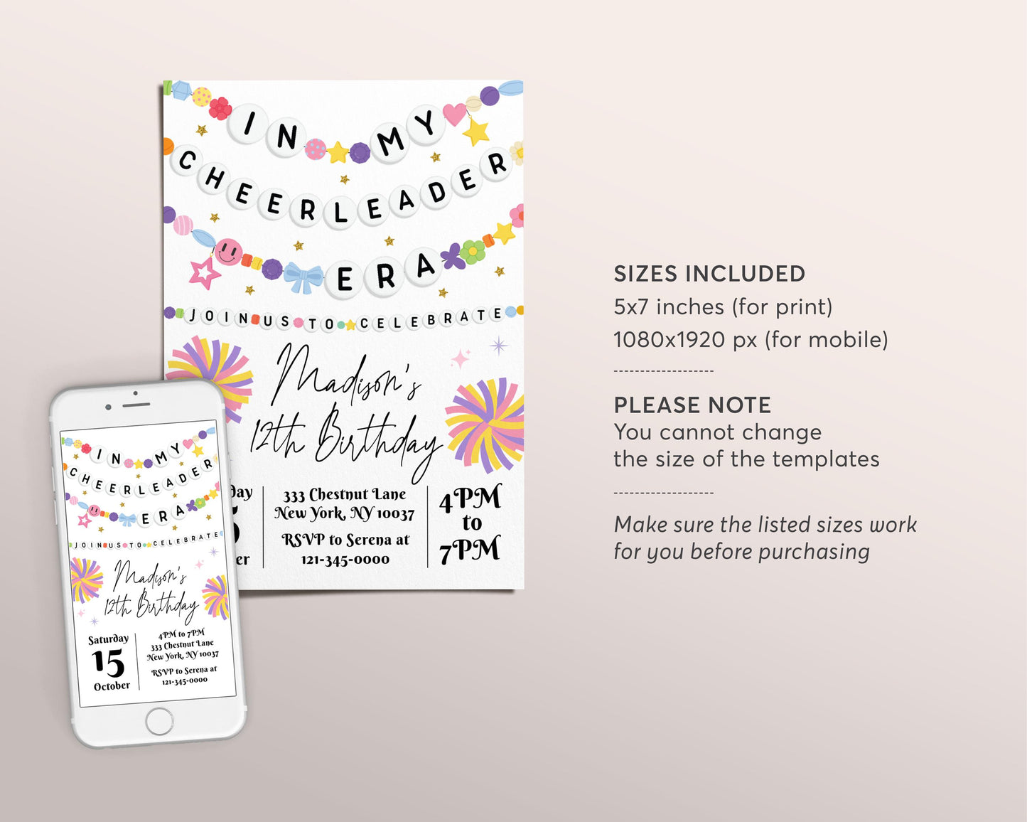 In My Cheerleader Era Birthday Invitation Editable Template, Cheer Era Girl Friendship Bracelet Party Invite, Birthday Era Cheer Party Evite