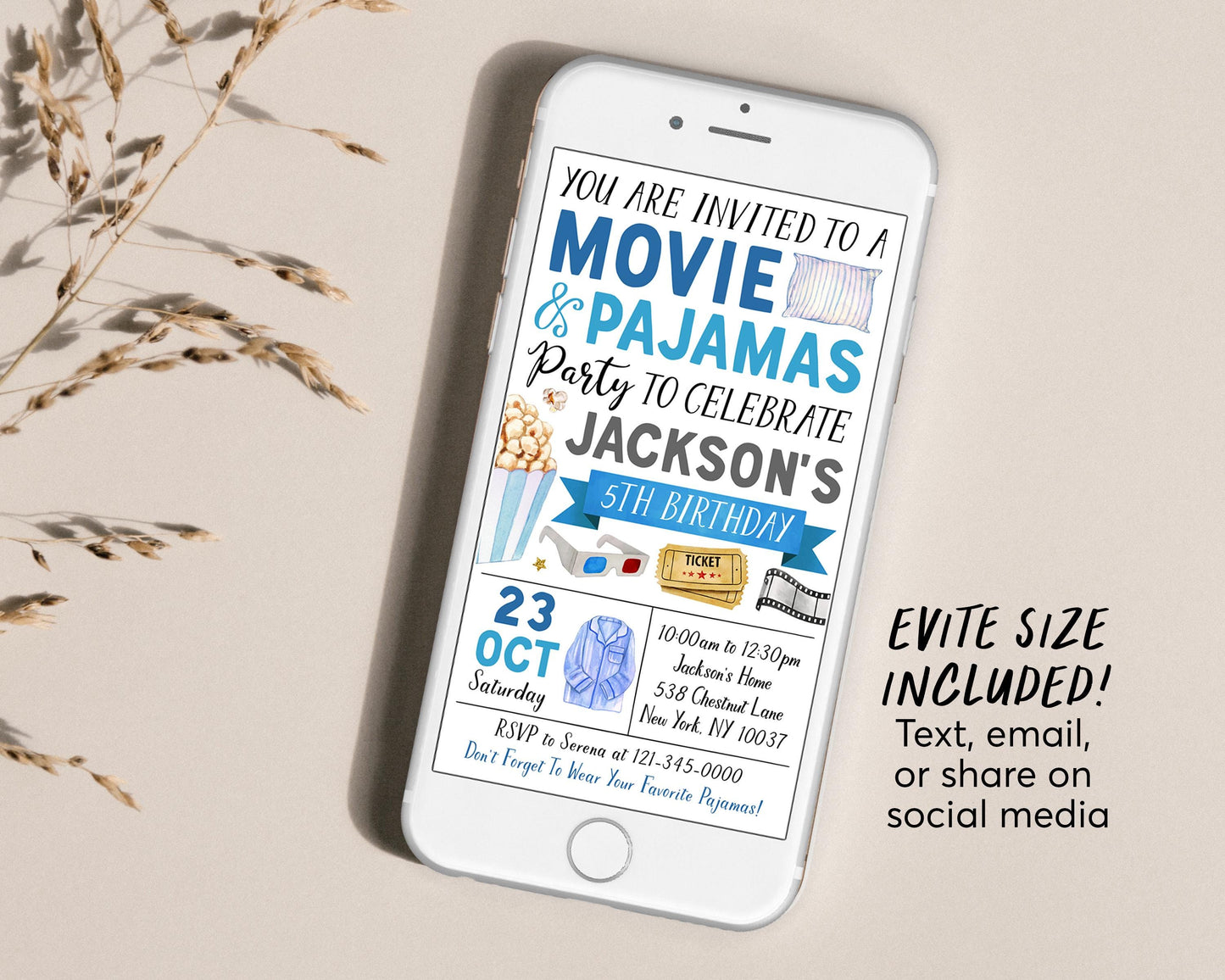 Movie and Pajamas Birthday Invitation With Photo Editable Template, Boy Slumber Party Popcorn Cinema Movie Ticket Invite, Sleepover Evite