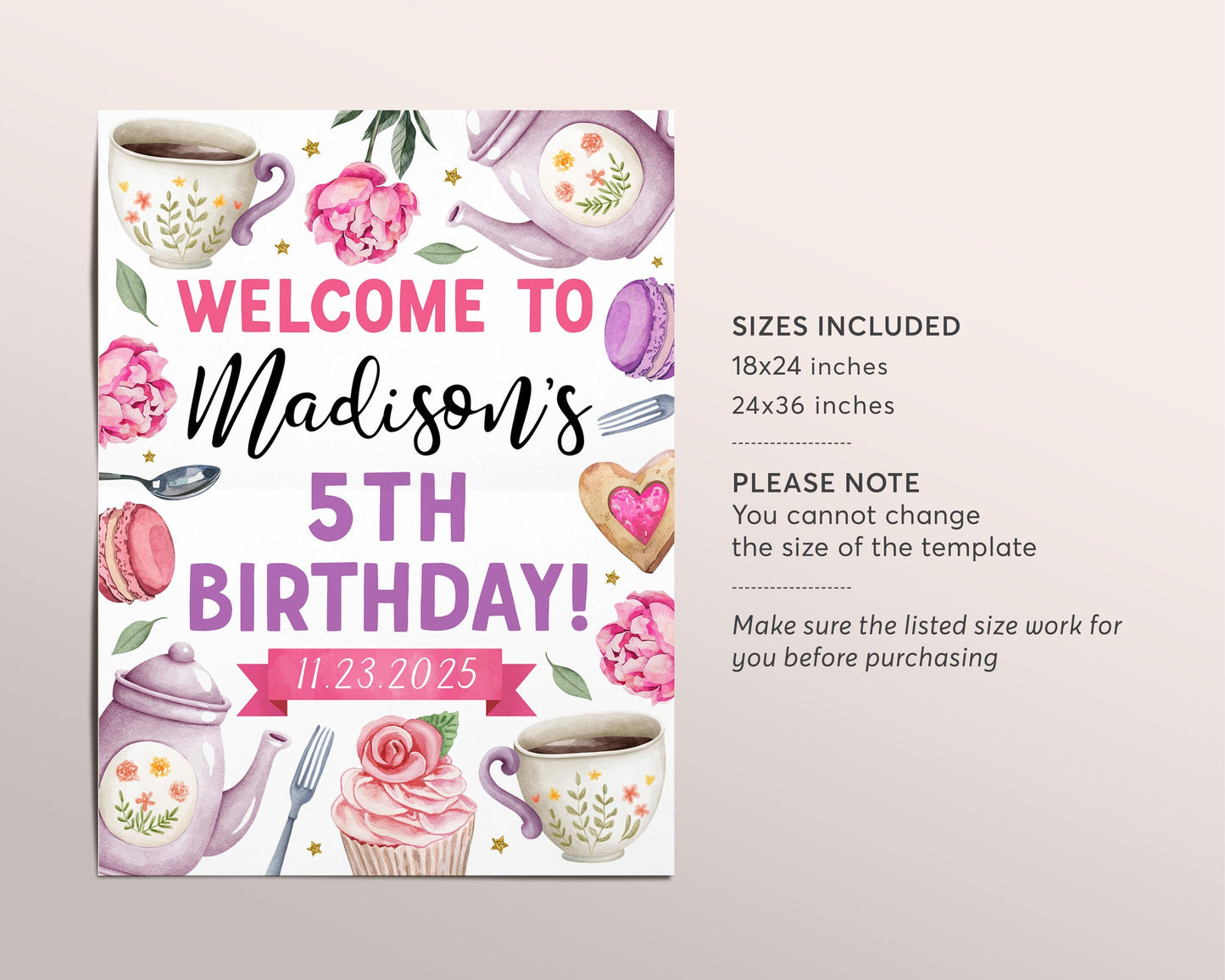 Tea Party Birthday Welcome Sign Editable Template, Let's Par-Tea High Tea Garden Party Poster, Blush Floral Whimsical Afternoon Tea Decor