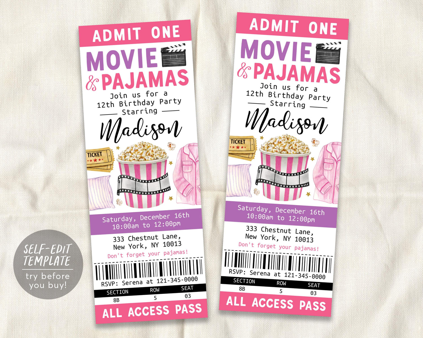 Movie and Pajamas Birthday Ticket Invitation Editable Template