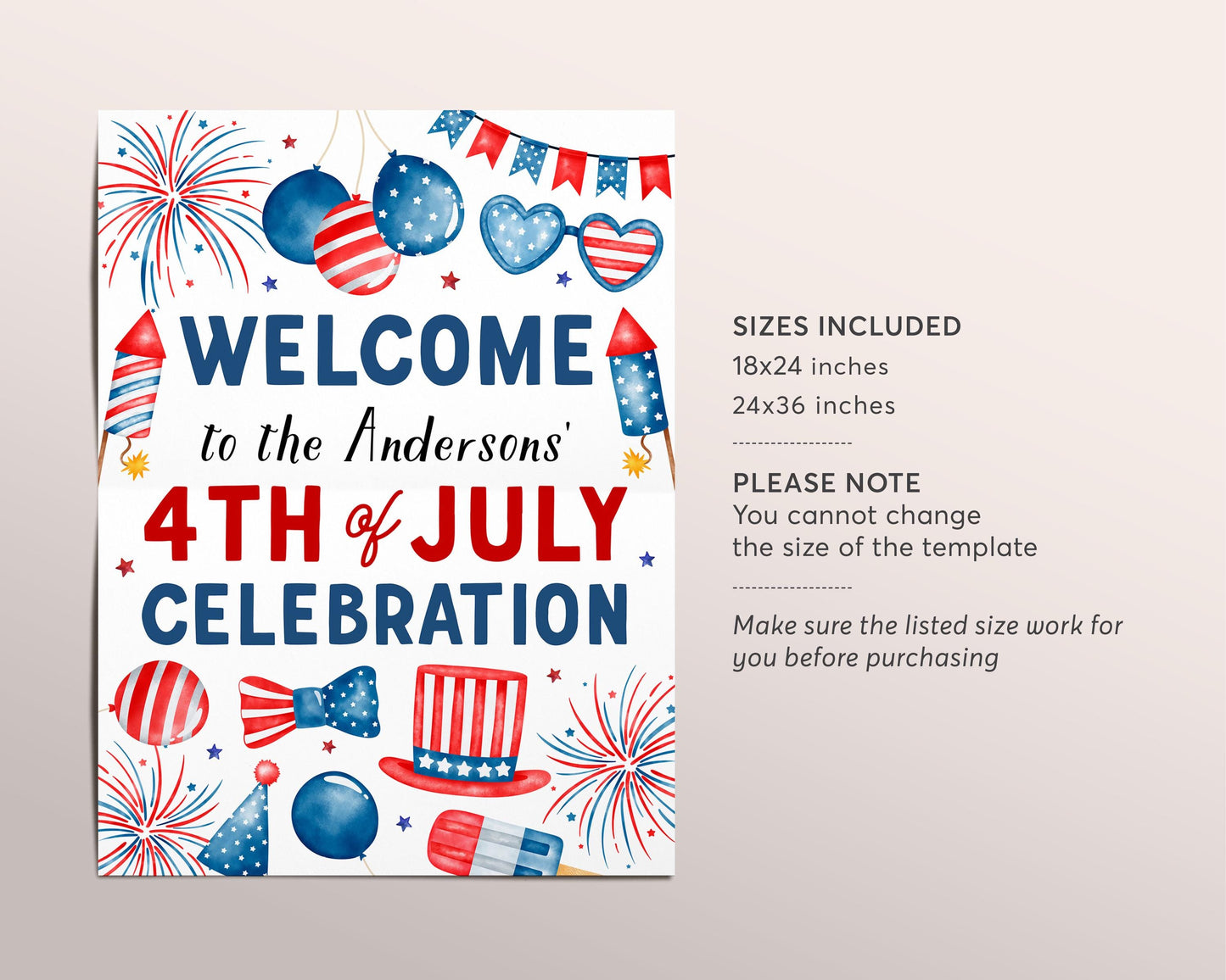 4th of July Welcome Sign Editable Template, Patriotic Fourth of July BBQ Celebration Party Poster, Independence Day Block Party Banner