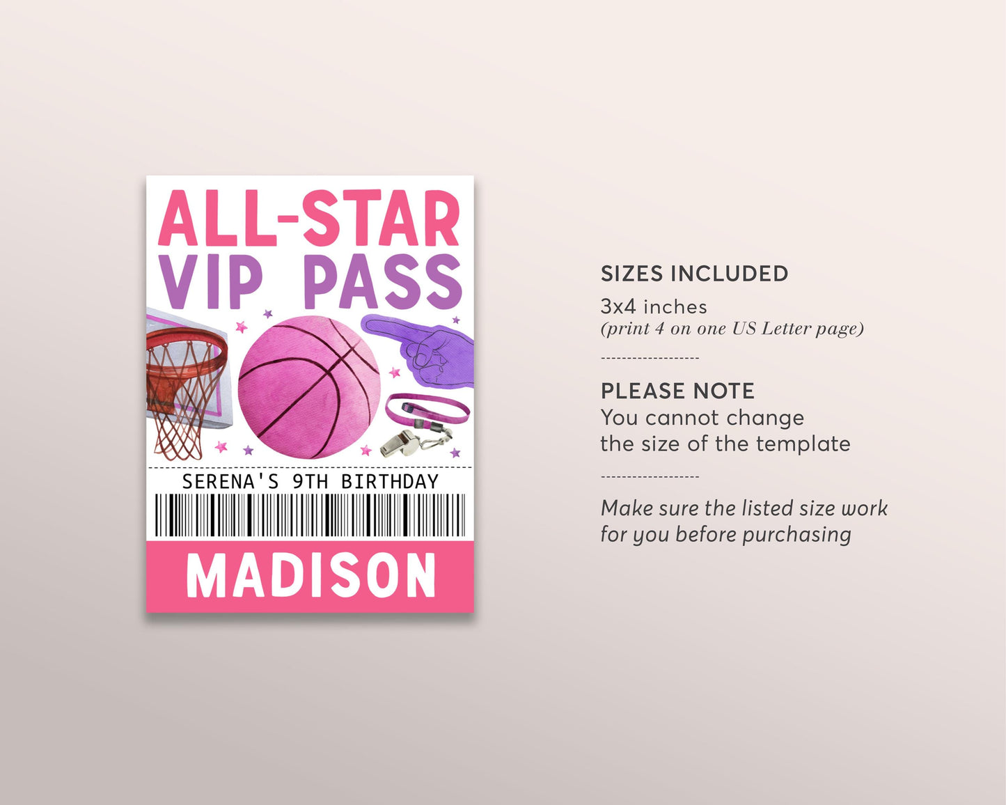 Basketball Birthday All Star VIP Pass Editable Template, Girl Basketball Slam Dunk Party All Access Pass, Guest Name Tag Insert ID Badge