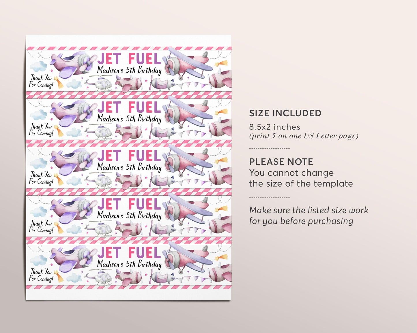 Airplane Party Water Bottle Labels Editable Template, Girl Plane Jet Fuel Birthday Party Bottle Wrapper Drink Tags, Vintage Aviation Wrap