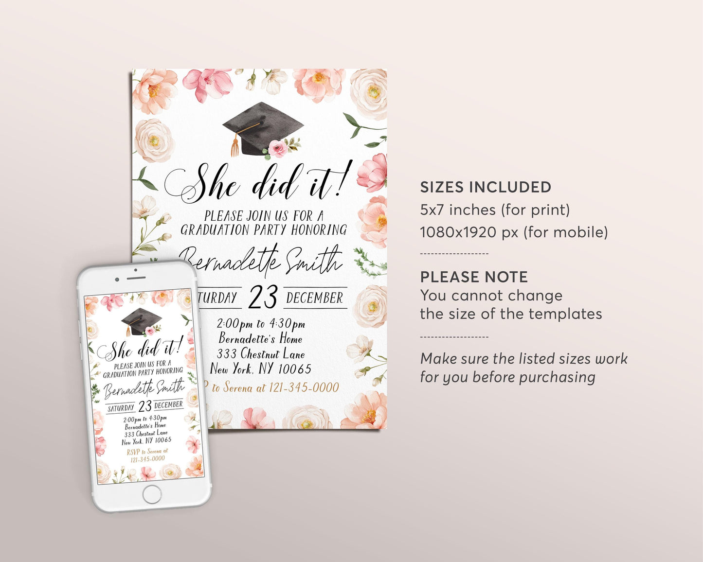 Graduation Floral Invitation Editable Template, She Did It Graduation Announcement Party Invite for Her, Grad College High School Evite