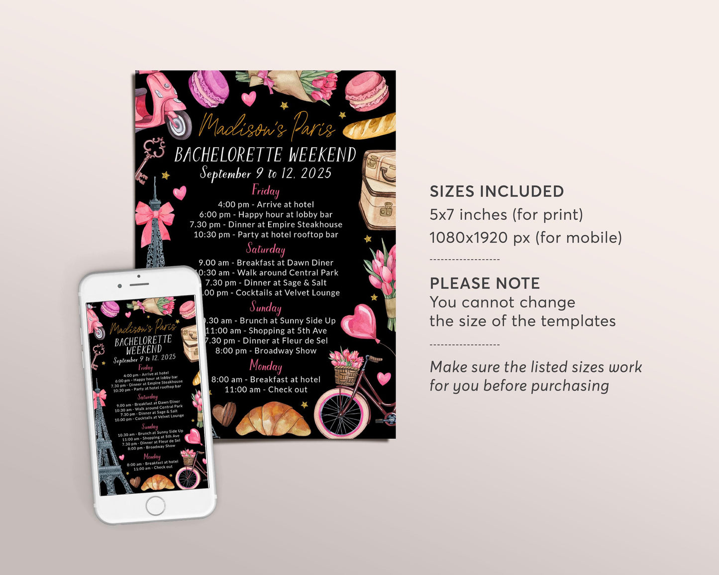 Paris Bachelorette Itinerary Editable Template, France Travel Planner, Paris Girls Night Out Weekend Schedule, Hen Party Agenda Black Gold