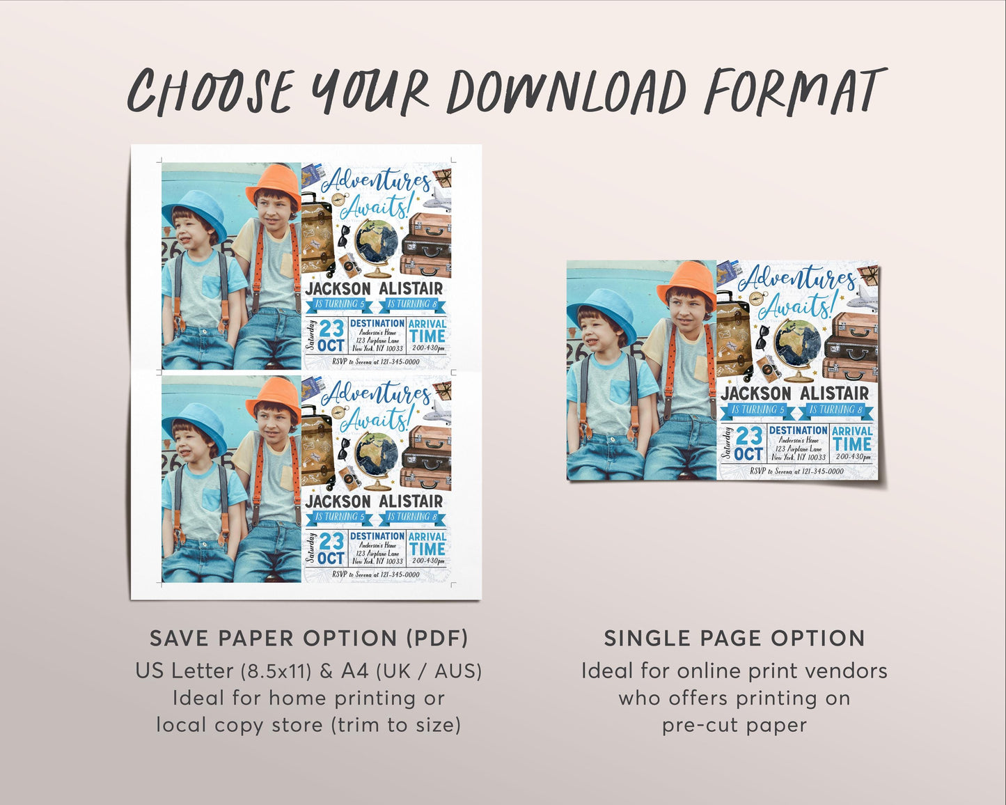 Adventure Awaits Travel Joint Siblings Birthday Invitation With Photo Editable Template, Twin Boys Around the World Party Invite Map Evite