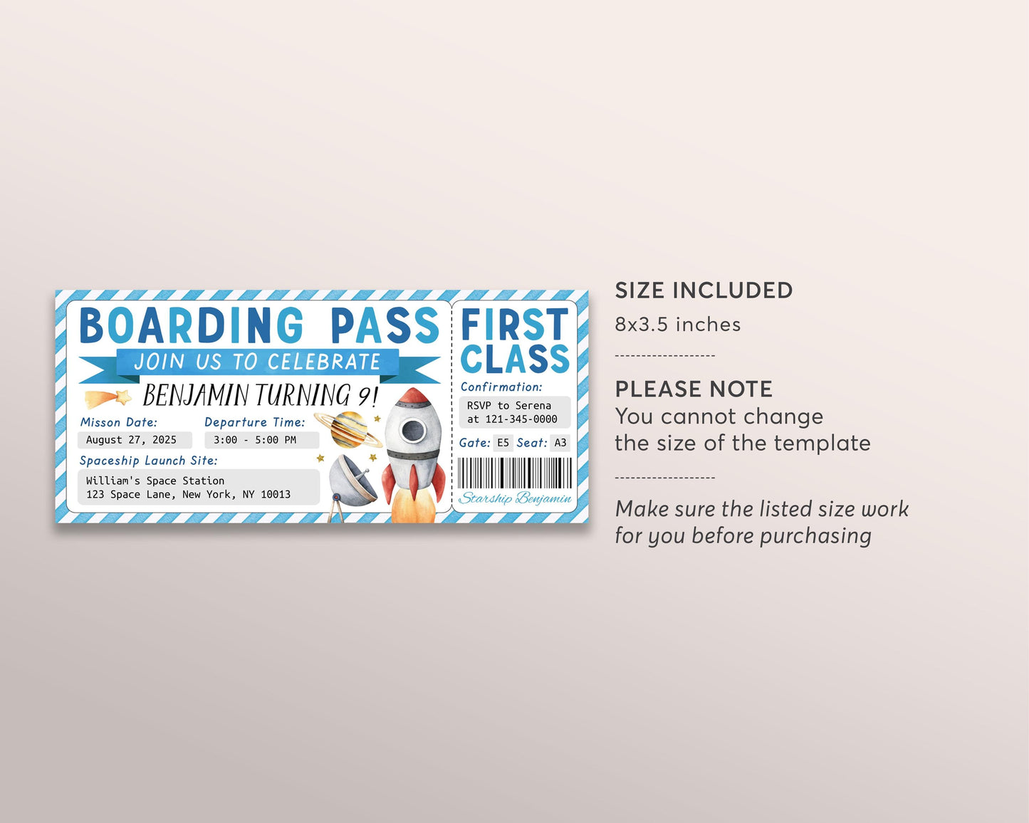 Space Birthday Ticket Invitation Editable Template, Outer Space Rocket Boarding Pass Party Invite, Spaceship First Class Travel Flight Evite