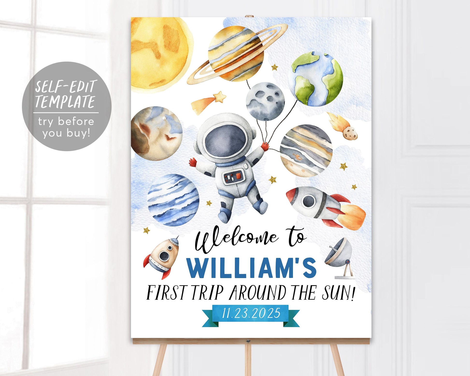 Outer Space First Birthday Party Welcome Sign Editable Template