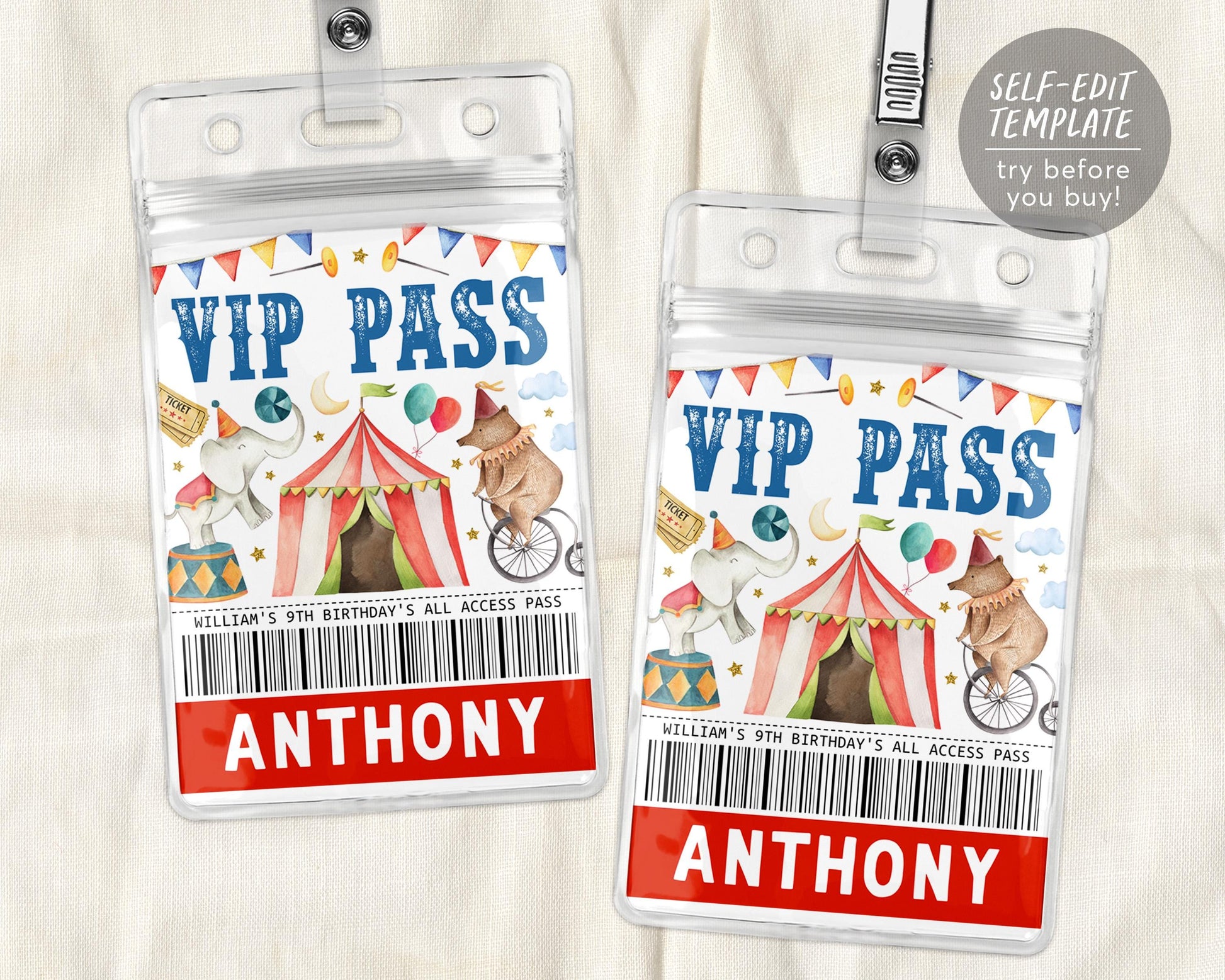 Circus Birthday All Star VIP Pass Editable Template