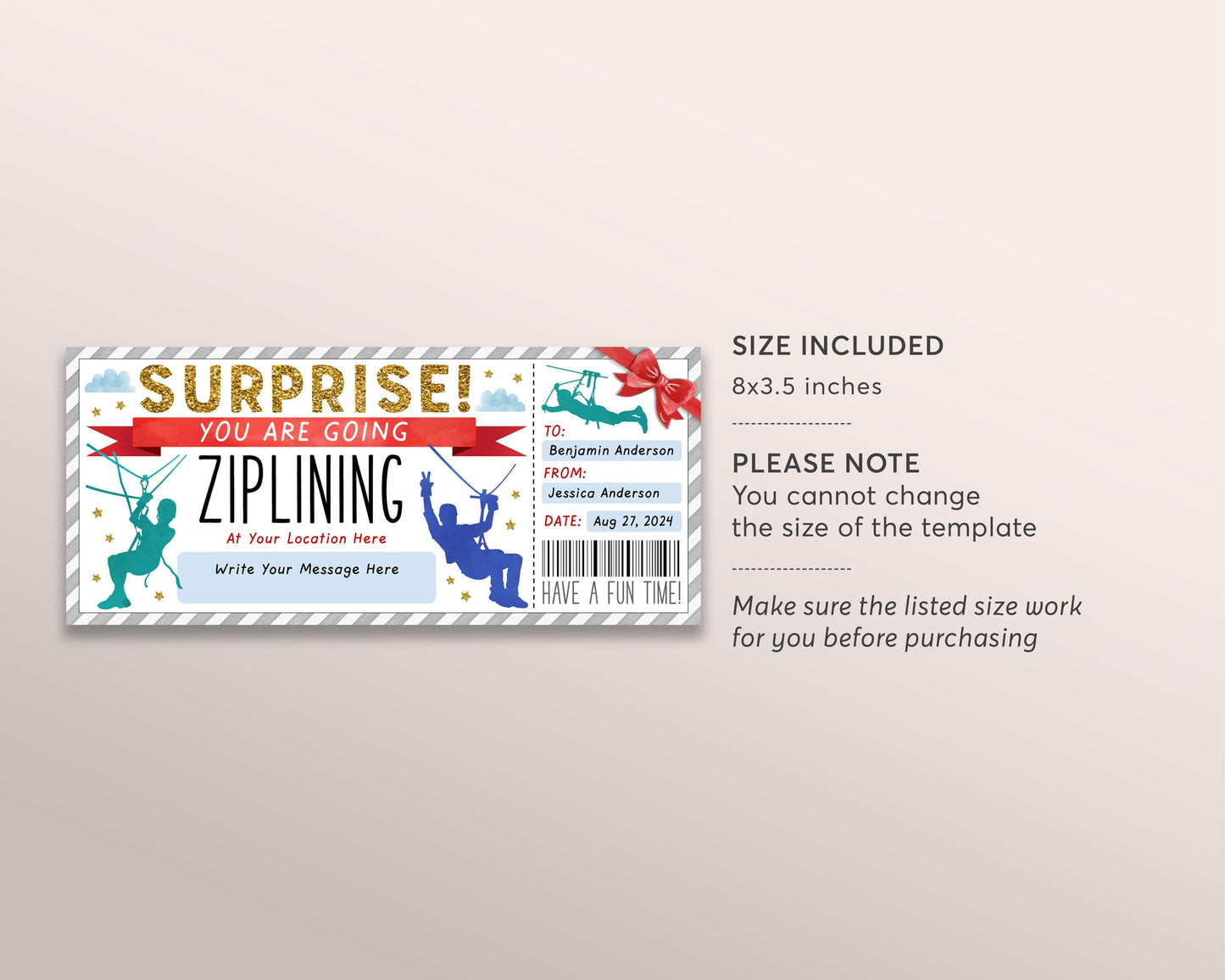 Ziplining Ticket Gift Certificate Ticket Editable Template, Surprise Zip Line Experience Gift Voucher, Zipline Coupon Outdoor Adventure