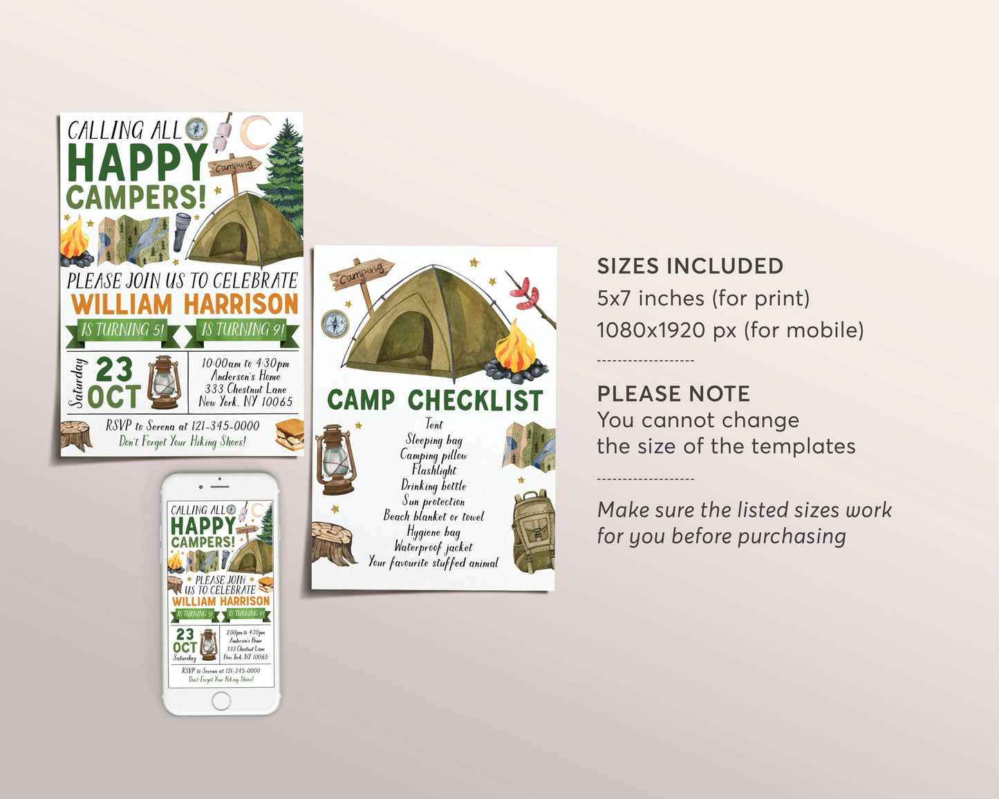 Camping Joint Siblings Birthday Invitation Editable Template, Twin Boys Outdoor Camp Out Party Invite, Camp Checklist Tent Sleepover Evite