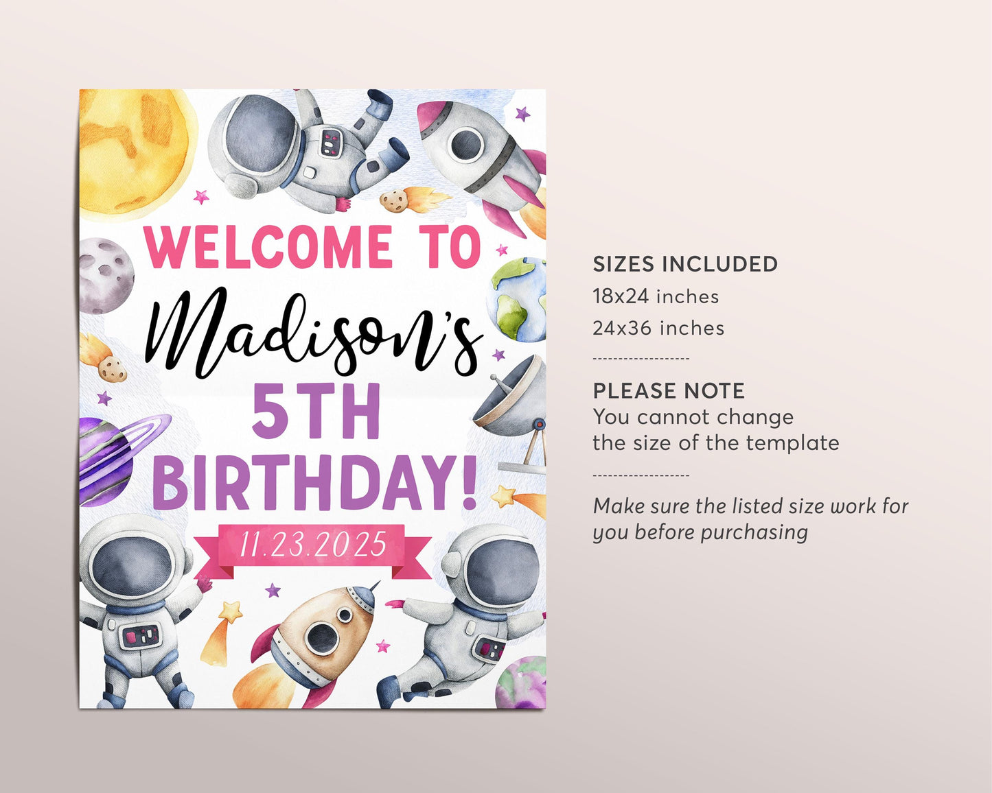 Outer Space Birthday Party Welcome Sign Editable Template, Girl Solar System Planets Galaxy Party Poster, Astronaut Rocket Ship Moon Decor