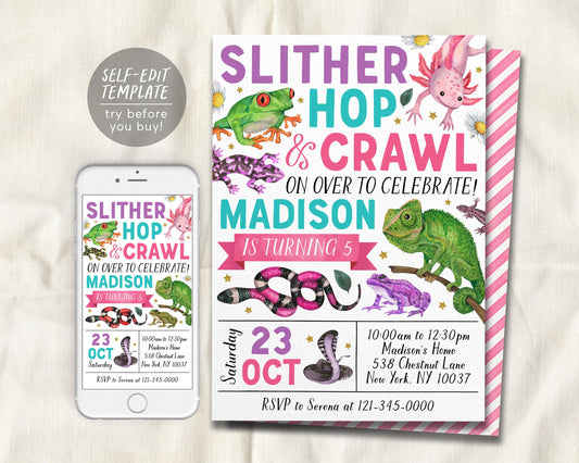 Reptile Birthday Invitation Editable Template